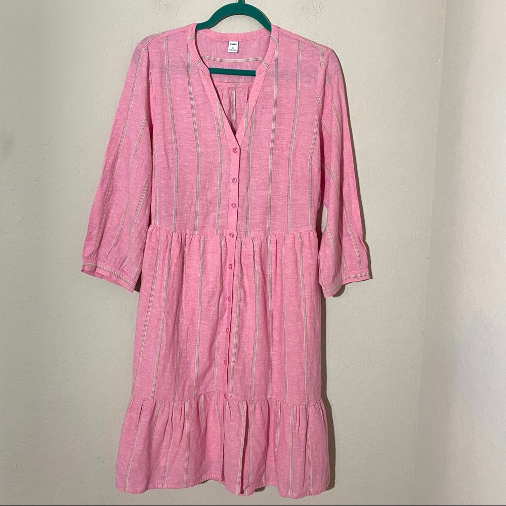 Old Navy Linen Blend Button Down Striped Dress